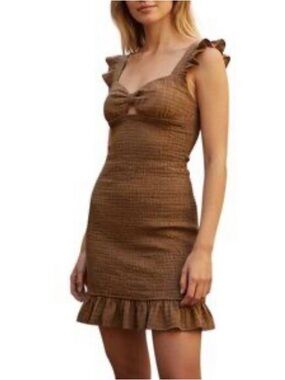 Storia Brown Smocked Ruffle Mini Dress